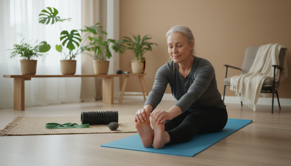 A serene indoor setting that illustrates the theme of self-treatment and prevention in physiotherapy. In the foreground, a middle-aged person dressed in comfortable, modest athletic wear is practicing gentle stretches on a yoga mat. Their expression is focused and relaxed, conveying a sense of calm and wellbeing. In the middle ground, a few exercise props like resistance bands and a foam roller are neatly arranged, hinting at various self-treatment techniques. The background features a softly lit room with plants, creating an inviting and natural atmosphere. The soft, diffused light coming through a window enhances the sense of warmth and tranquility. Emphasize realistic, everyday life, ensuring all elements reflect a safe, professional environment, free of any distractions or visual clutter. A serene indoor setting that illustrates the theme of self-treatment and prevention in physiotherapy. In the foreground, a middle-aged person dressed in comfortable, modest athletic wear is practicing gentle stretches on a yoga mat. Their expression is focused and relaxed, conveying a sense of calm and wellbeing. In the middle ground, a few exercise props like resistance bands and a foam roller are neatly arranged, hinting at various self-treatment techniques. The background features a softly lit room with plants, creating an inviting and natural atmosphere. The soft, diffused light coming through a window enhances the sense of warmth and tranquility. Emphasize realistic, everyday life, ensuring all elements reflect a safe, professional environment, free of any distractions or visual clutter.