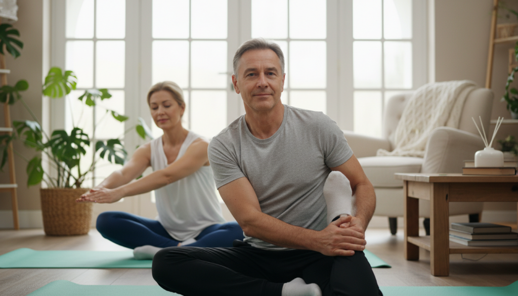 A serene indoor setting with a middle-aged man and woman practicing stretching exercises to relieve sciatica pain. The foreground shows the man, wearing a fitted t-shirt and athletic pants, performing a gentle piriformis stretch on a yoga mat. The woman, dressed comfortably in a tank top and leggings, is demonstrating a seated forward bend stretch next to him. In the background, a cozy living room is visible, bathed in soft, natural daylight streaming through a window, illuminating plants and comfortable furniture. The mood is calm and focused, emphasizing wellness and relaxation. Ensure a realistic and natural look with no studio-style gloss. A serene indoor setting with a middle-aged man and woman practicing stretching exercises to relieve sciatica pain. The foreground shows the man, wearing a fitted t-shirt and athletic pants, performing a gentle piriformis stretch on a yoga mat. The woman, dressed comfortably in a tank top and leggings, is demonstrating a seated forward bend stretch next to him. In the background, a cozy living room is visible, bathed in soft, natural daylight streaming through a window, illuminating plants and comfortable furniture. The mood is calm and focused, emphasizing wellness and relaxation. Ensure a realistic and natural look with no studio-style gloss.