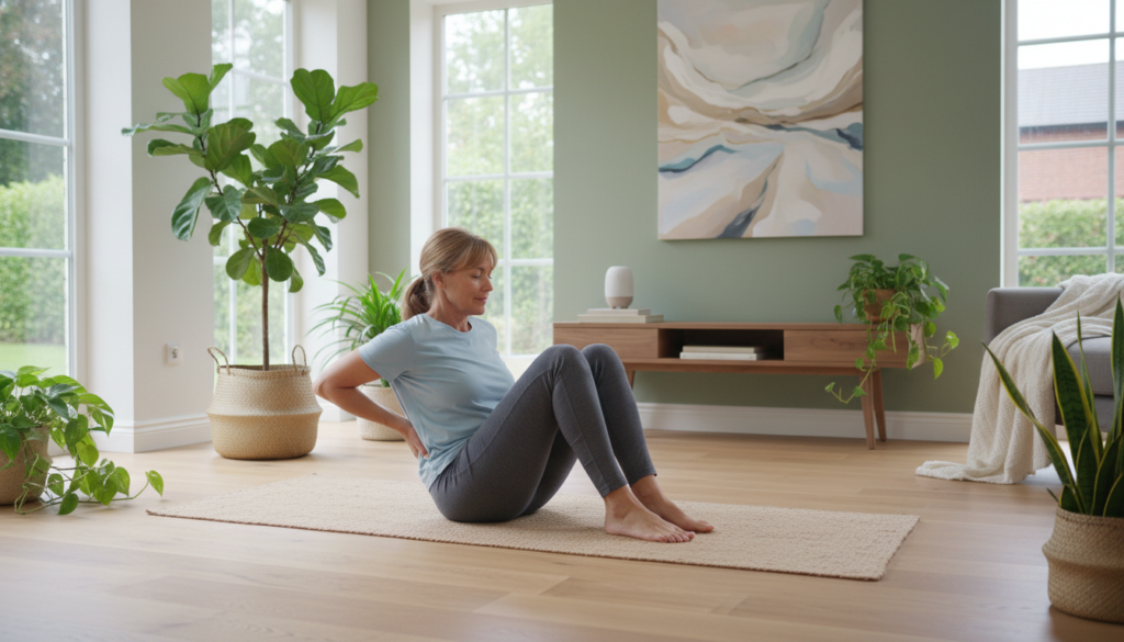 A serene indoor setting with soft, natural light streaming through a large window, illuminating a peaceful room dedicated to health and well-being. In the foreground, a middle-aged individual in modest athletic wear is performing a gentle stretching exercise to alleviate back pain, showcasing a specific stretch for the lower back. The person is focused and relaxed, demonstrating proper form. In the middle ground, a yoga mat is spread out on a wooden floor, surrounded by potted plants that enhance the calming atmosphere. In the background, minimalist decor and soft color tones create a tranquil environment, fostering a sense of relaxation and healing. The whole scene conveys a mood of well-being and motivation for self-care. A serene indoor setting with soft, natural light streaming through a large window, illuminating a peaceful room dedicated to health and well-being. In the foreground, a middle-aged individual in modest athletic wear is performing a gentle stretching exercise to alleviate back pain, showcasing a specific stretch for the lower back. The person is focused and relaxed, demonstrating proper form. In the middle ground, a yoga mat is spread out on a wooden floor, surrounded by potted plants that enhance the calming atmosphere. In the background, minimalist decor and soft color tones create a tranquil environment, fostering a sense of relaxation and healing. The whole scene conveys a mood of well-being and motivation for self-care.