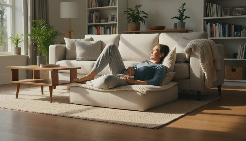A serene living room scene showing a person reclining on a comfortable couch in a supportive position to alleviate sciatica discomfort. The individual, wearing modest casual clothing, has their legs elevated on a soft ottoman, with cushions supporting their back. Natural sunlight filters through a window, creating a warm and inviting atmosphere. The room features simple furniture, a cozy rug, and indoor plants to enhance the homey feel. Soft shadows dance across the floor, emphasizing the comfort of the environment. In the background, a bookshelf and a soft throw blanket are visible, contributing to an everyday setting that feels relatable and realistic. The overall mood is calm and reassuring, highlighting the importance of proper positioning for sciatica relief. A serene living room scene showing a person reclining on a comfortable couch in a supportive position to alleviate sciatica discomfort. The individual, wearing modest casual clothing, has their legs elevated on a soft ottoman, with cushions supporting their back. Natural sunlight filters through a window, creating a warm and inviting atmosphere. The room features simple furniture, a cozy rug, and indoor plants to enhance the homey feel. Soft shadows dance across the floor, emphasizing the comfort of the environment. In the background, a bookshelf and a soft throw blanket are visible, contributing to an everyday setting that feels relatable and realistic. The overall mood is calm and reassuring, highlighting the importance of proper positioning for sciatica relief.