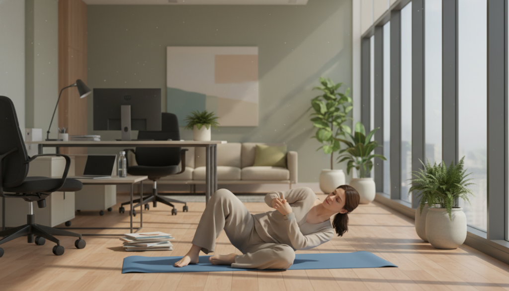 A serene office environment with natural light streaming through large windows, illuminating a workspace. In the foreground, a professional woman in modest business attire performs targeted exercises for sciatica relief using a yoga mat. Her expression is focused and determined as she gently stretches her lower back. In the middle ground, a few scattered office supplies and a chair, indicating the typical office setting. In the background, a modern office with contemporary furniture, plants adding a touch of nature, and soft color tones that evoke a calming atmosphere. Overall, the image should convey a balance between professionalism and wellness, emphasizing the importance of movement in a sedentary work environment. A serene office environment with natural light streaming through large windows, illuminating a workspace. In the foreground, a professional woman in modest business attire performs targeted exercises for sciatica relief using a yoga mat. Her expression is focused and determined as she gently stretches her lower back. In the middle ground, a few scattered office supplies and a chair, indicating the typical office setting. In the background, a modern office with contemporary furniture, plants adding a touch of nature, and soft color tones that evoke a calming atmosphere. Overall, the image should convey a balance between professionalism and wellness, emphasizing the importance of movement in a sedentary work environment.