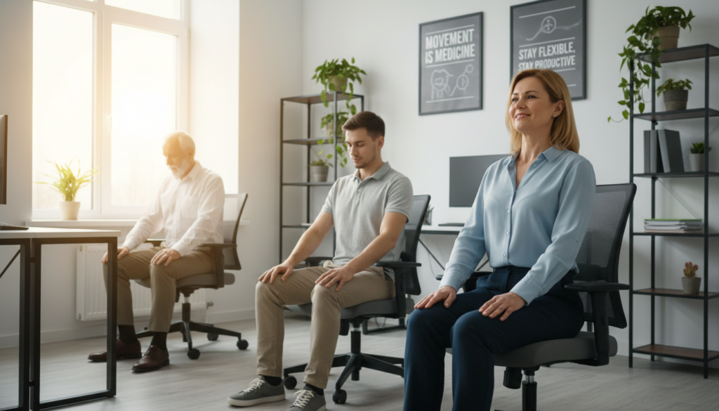 A serene office setting featuring a diverse group of three individuals demonstrating seated exercises for sciatica relief. In the foreground, a middle-aged woman in smart casual attire performs a gentle stretch on a comfortable office chair, smiling and relaxed. The middle ground captures a young man adjusting his posture, while an older man lightly bends forward, focusing on his movements. Natural light streams through a nearby window, creating a warm and inviting atmosphere. The background showcases a typical office environment with plants and motivational posters, emphasizing an approachable and everyday setting. The overall mood is calm, promoting health and wellness while encouraging movement and comfort during work hours. A serene office setting featuring a diverse group of three individuals demonstrating seated exercises for sciatica relief. In the foreground, a middle-aged woman in smart casual attire performs a gentle stretch on a comfortable office chair, smiling and relaxed. The middle ground captures a young man adjusting his posture, while an older man lightly bends forward, focusing on his movements. Natural light streams through a nearby window, creating a warm and inviting atmosphere. The background showcases a typical office environment with plants and motivational posters, emphasizing an approachable and everyday setting. The overall mood is calm, promoting health and wellness while encouraging movement and comfort during work hours.