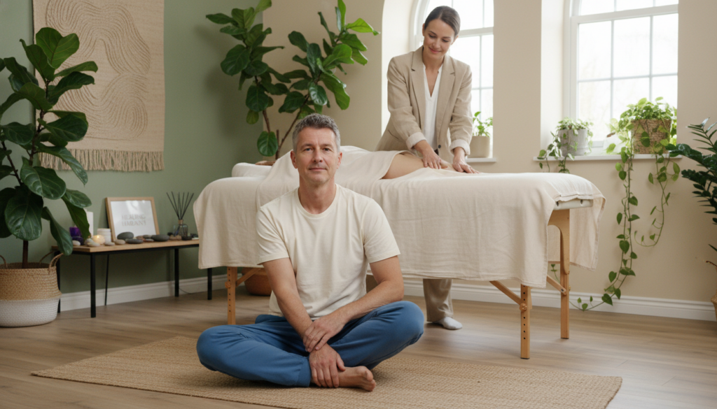 A serene therapy room focused on alternative healing methods for sciatica relief. In the foreground, a middle-aged man wearing modest casual clothing is engaged in a gentle stretching exercise on a yoga mat, looking relaxed and focused. In the middle ground, a professional female therapist wearing business casual attire demonstrates a traditional acupressure technique using her hands on a therapy table, showing a supportive interaction. The background features calming elements like potted plants, natural light streaming through a window, and soft, neutral colors to evoke a peaceful atmosphere. The image captures a sense of healing, tranquility, and empowerment as individuals explore self-help strategies for pain relief. A serene therapy room focused on alternative healing methods for sciatica relief. In the foreground, a middle-aged man wearing modest casual clothing is engaged in a gentle stretching exercise on a yoga mat, looking relaxed and focused. In the middle ground, a professional female therapist wearing business casual attire demonstrates a traditional acupressure technique using her hands on a therapy table, showing a supportive interaction. The background features calming elements like potted plants, natural light streaming through a window, and soft, neutral colors to evoke a peaceful atmosphere. The image captures a sense of healing, tranquility, and empowerment as individuals explore self-help strategies for pain relief.
