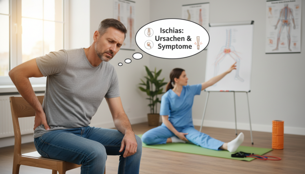 An informative and visually appealing illustration to depict "Ischias Ursachen Symptome". In the foreground, feature a moderately distressed middle-aged man, dressed in simple casual clothing, holding his lower back while seated on a chair, showcasing the discomfort associated with sciatica. In the middle ground, include a physical therapist gently demonstrating a stretching exercise designed to alleviate sciatic pain, surrounded by exercise props such as a yoga mat and resistance bands. The background should have a soft-focus physical therapy clinic environment, with natural lighting streaming through a window, creating a calm and professional atmosphere. The overall mood should convey empathy and reassurance, emphasizing the importance of understanding the causes and symptoms of sciatica. An informative and visually appealing illustration to depict "Ischias Ursachen Symptome". In the foreground, feature a moderately distressed middle-aged man, dressed in simple casual clothing, holding his lower back while seated on a chair, showcasing the discomfort associated with sciatica. In the middle ground, include a physical therapist gently demonstrating a stretching exercise designed to alleviate sciatic pain, surrounded by exercise props such as a yoga mat and resistance bands. The background should have a soft-focus physical therapy clinic environment, with natural lighting streaming through a window, creating a calm and professional atmosphere. The overall mood should convey empathy and reassurance, emphasizing the importance of understanding the causes and symptoms of sciatica.