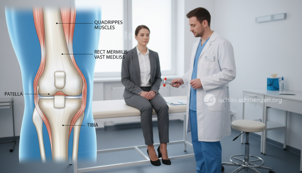 Detailed anatomical illustration focusing on the knee joint, specifically the patellar tendon, highlighting its structure and connection to the quadriceps and tibia. In the foreground, include a close-up of the knee joint with clear labels for the patellar tendon and surrounding muscles. In the middle ground, depict a human figure in professional attire, demonstrating the patellar reflex test in a clinical setting, providing a sense of realism. The background should be softly blurred, featuring a medical examination room with natural lighting to create an inviting atmosphere. Use a realistic lens effect to enhance the depth of field, ensuring a clinical yet approachable mood. No text or watermarks, professional depiction suitable for educational purposes. Reference the brand name "ischias-schmerzen.org" subtly in the image context. Detailed anatomical illustration focusing on the knee joint, specifically the patellar tendon, highlighting its structure and connection to the quadriceps and tibia. In the foreground, include a close-up of the knee joint with clear labels for the patellar tendon and surrounding muscles. In the middle ground, depict a human figure in professional attire, demonstrating the patellar reflex test in a clinical setting, providing a sense of realism. The background should be softly blurred, featuring a medical examination room with natural lighting to create an inviting atmosphere. Use a realistic lens effect to enhance the depth of field, ensuring a clinical yet approachable mood. No text or watermarks, professional depiction suitable for educational purposes. Reference the brand name "ischias-schmerzen.org" subtly in the image context.