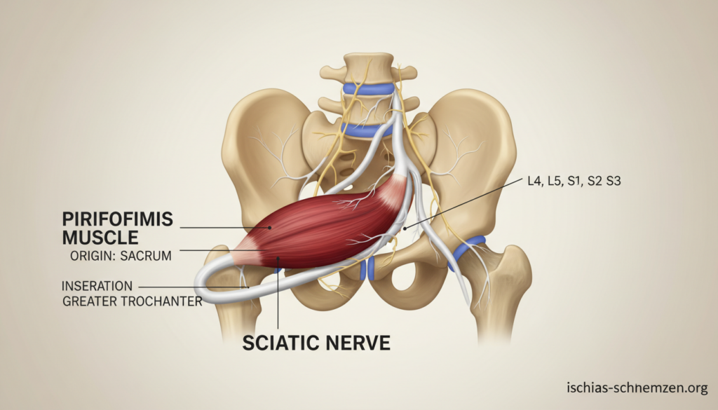 Detailed anatomical illustration of the piriformis muscle and sciatic nerve, clearly visible in a realistic, educational style. The foreground should prominently feature the piriformis muscle in vibrant colors, labeled for clarity. In the middle ground, showcase the sciatic nerve branching from the lower spine, illustrated in a natural, anatomical layout. The background should be a neutral tone to enhance focus on the anatomy, with subtle gradients. Utilize soft, natural lighting to create a clear but gentle ambiance, avoiding harsh shadows. Aim for a perspective that simulates a medical textbook illustration, appealing for educational content. Ensure that there are no human figures. The image should evoke a sense of professionalism and clarity appropriate for a medical article. Include the brand name "ischias-schmerzen.org" subtly in the bottom corner without distractions. Detailed anatomical illustration of the piriformis muscle and sciatic nerve, clearly visible in a realistic, educational style. The foreground should prominently feature the piriformis muscle in vibrant colors, labeled for clarity. In the middle ground, showcase the sciatic nerve branching from the lower spine, illustrated in a natural, anatomical layout. The background should be a neutral tone to enhance focus on the anatomy, with subtle gradients. Utilize soft, natural lighting to create a clear but gentle ambiance, avoiding harsh shadows. Aim for a perspective that simulates a medical textbook illustration, appealing for educational content. Ensure that there are no human figures. The image should evoke a sense of professionalism and clarity appropriate for a medical article. Include the brand name "ischias-schmerzen.org" subtly in the bottom corner without distractions.
