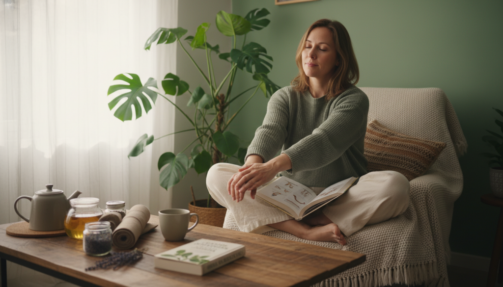 A calm, cozy living room setting evoking a natural, home remedy atmosphere for sciatica relief. In the foreground, a wooden coffee table displays herbal remedies such as chamomile tea, compression wraps, and a small book on natural treatments. Soft, diffused natural light streams in through a window, illuminating the space. In the middle, a comfortable chair holds a person dressed in modest casual clothing, demonstrating relaxation techniques, such as a gentle stretching pose or reading about remedies. The background features indoor plants and a soothing wall color, creating a tranquil, inviting mood. The overall composition conveys a sense of everyday life and well-being, focused on natural approaches to health. A calm, cozy living room setting evoking a natural, home remedy atmosphere for sciatica relief. In the foreground, a wooden coffee table displays herbal remedies such as chamomile tea, compression wraps, and a small book on natural treatments. Soft, diffused natural light streams in through a window, illuminating the space. In the middle, a comfortable chair holds a person dressed in modest casual clothing, demonstrating relaxation techniques, such as a gentle stretching pose or reading about remedies. The background features indoor plants and a soothing wall color, creating a tranquil, inviting mood. The overall composition conveys a sense of everyday life and well-being, focused on natural approaches to health.