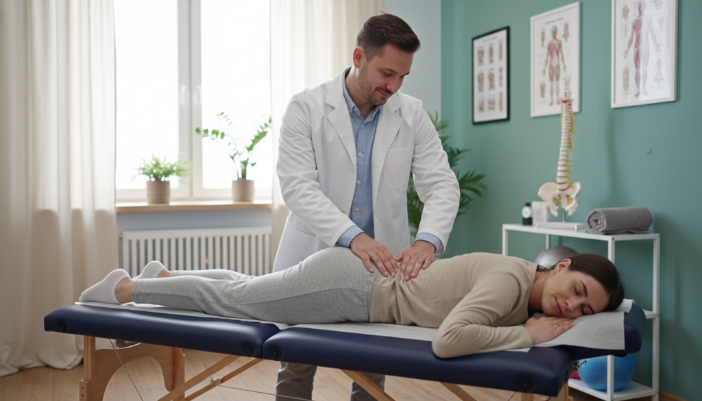 A chiropractor's treatment session focusing on sciatic nerve pain, featuring a male chiropractor, dressed in a professional white coat and a patient in modest leisure wear. In the foreground, the chiropractor is gently adjusting the patient's spine using hands-on techniques, showcasing a caring and attentive expression. The middle ground includes a treatment table and various chiropractic tools, such as spinal models and therapy balls, within a bright, welcoming clinic environment. The background displays calming colors and natural light streaming through a window, creating a warm and reassuring atmosphere. The image conveys professionalism and expertise while emphasizing the holistic approach to treatment. A chiropractor's treatment session focusing on sciatic nerve pain, featuring a male chiropractor, dressed in a professional white coat and a patient in modest leisure wear. In the foreground, the chiropractor is gently adjusting the patient's spine using hands-on techniques, showcasing a caring and attentive expression. The middle ground includes a treatment table and various chiropractic tools, such as spinal models and therapy balls, within a bright, welcoming clinic environment. The background displays calming colors and natural light streaming through a window, creating a warm and reassuring atmosphere. The image conveys professionalism and expertise while emphasizing the holistic approach to treatment.