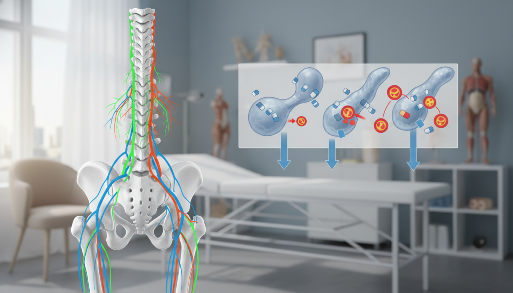 A clinical illustration depicting the mechanism of action of NSAIDs (Non-Steroidal Anti-Inflammatory Drugs) in relation to sciatica. In the foreground, a labeled diagram of the human spine highlighting nerve pathways affected by sciatica, with the nervous system illustrated in vibrant colors. The middle ground features schematic representations of NSAIDs interacting with pain receptors, with arrows indicating their action on inflammation. The background should show a softly lit, realistic medical office setting, with a touch of natural light filtering through a window, creating a professional yet approachable atmosphere. The focus should be clear and informative, avoiding any glossiness, while ensuring a natural and everyday look in the representation. No text or labels present in the image. A clinical illustration depicting the mechanism of action of NSAIDs (Non-Steroidal Anti-Inflammatory Drugs) in relation to sciatica. In the foreground, a labeled diagram of the human spine highlighting nerve pathways affected by sciatica, with the nervous system illustrated in vibrant colors. The middle ground features schematic representations of NSAIDs interacting with pain receptors, with arrows indicating their action on inflammation. The background should show a softly lit, realistic medical office setting, with a touch of natural light filtering through a window, creating a professional yet approachable atmosphere. The focus should be clear and informative, avoiding any glossiness, while ensuring a natural and everyday look in the representation. No text or labels present in the image.