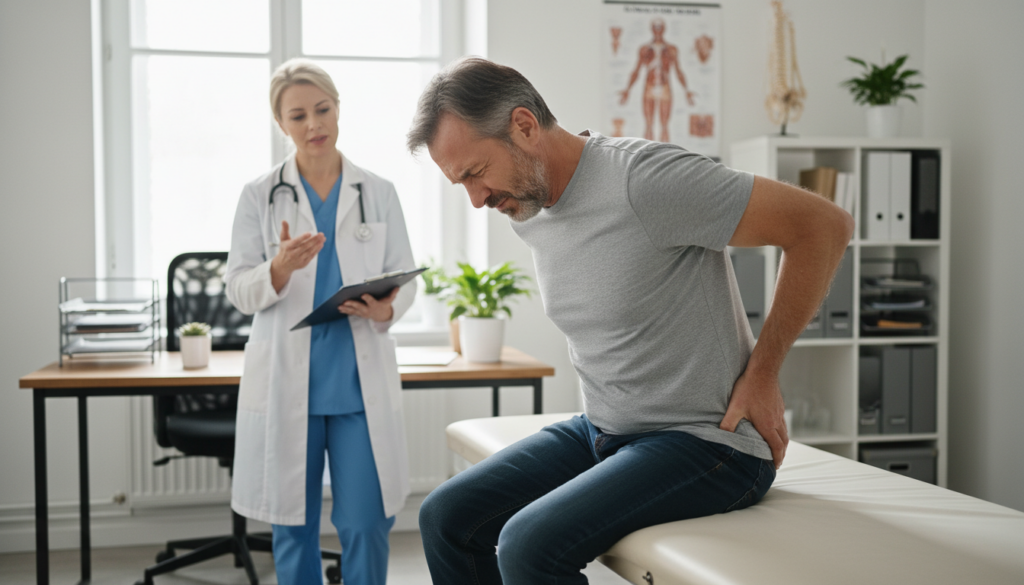 A concerned middle-aged person sitting in a doctor's office, holding their lower back in discomfort, illustrating the pain associated with sciatica. The individual is wearing modest casual clothing, displaying a worried expression. In the background, a doctor in professional attire is discussing symptoms with a warm demeanor, suggesting a supportive atmosphere. Natural light filters in through a window, creating a soft and inviting environment. The focus is on the person’s expression and body language, conveying the urgency of seeking medical attention for sciatica. The setting should be realistic and everyday, capturing a typical European doctor's office scene without any high-gloss studio effect. A concerned middle-aged person sitting in a doctor's office, holding their lower back in discomfort, illustrating the pain associated with sciatica. The individual is wearing modest casual clothing, displaying a worried expression. In the background, a doctor in professional attire is discussing symptoms with a warm demeanor, suggesting a supportive atmosphere. Natural light filters in through a window, creating a soft and inviting environment. The focus is on the person’s expression and body language, conveying the urgency of seeking medical attention for sciatica. The setting should be realistic and everyday, capturing a typical European doctor's office scene without any high-gloss studio effect.