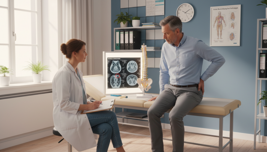 A cozy medical examination room, realistically depicted with natural lighting. In the foreground, a general practitioner in a white coat, a middle-aged female doctor, attentively examines a middle-aged male patient, who is wearing a simple, modest shirt and trousers. The doctor holds a clipboard with notes. In the middle ground, a medical examination table is visible with a spine model and diagnostic tools like an MRI image on display. In the background, medical charts and a wall clock add to the clinical atmosphere. The setting conveys a calm, professional mood, emphasizing the importance of initial assessments for sciatica. The image should reflect everyday scenes in a European healthcare environment, ensuring a relatable and authentic vibe. A cozy medical examination room, realistically depicted with natural lighting. In the foreground, a general practitioner in a white coat, a middle-aged female doctor, attentively examines a middle-aged male patient, who is wearing a simple, modest shirt and trousers. The doctor holds a clipboard with notes. In the middle ground, a medical examination table is visible with a spine model and diagnostic tools like an MRI image on display. In the background, medical charts and a wall clock add to the clinical atmosphere. The setting conveys a calm, professional mood, emphasizing the importance of initial assessments for sciatica. The image should reflect everyday scenes in a European healthcare environment, ensuring a relatable and authentic vibe.