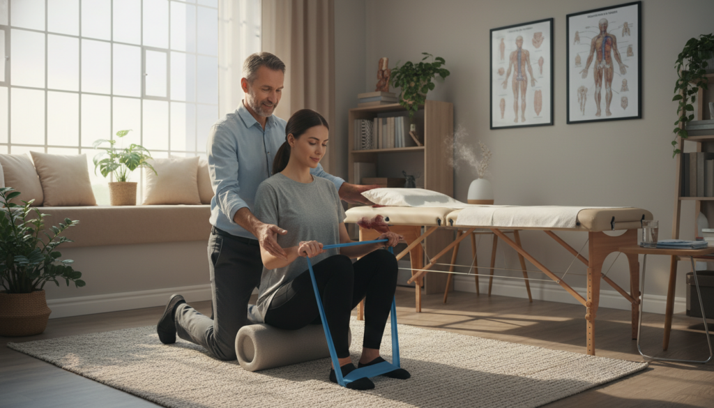 A cozy, well-lit therapy room featuring a mid-aged male physiotherapist demonstrating a conservative treatment approach for sciatica on a patient. The foreground shows the therapist gently guiding the patient in a seated position, using props like a foam roller and resistance bands. In the middle, we see a consultation area with anatomical posters of the spine and nerve pathways, alongside a comfortable therapy table. The background includes a large window allowing natural light to flood the room, with plants and soft furnishings adding a warm atmosphere. The overall mood is calm and professional, reflecting a supportive environment for managing chronic pain through conservative methods. The therapist is dressed in smart casual attire, and the patient is wearing modest clothing, ensuring a relatable and realistic setting. A cozy, well-lit therapy room featuring a mid-aged male physiotherapist demonstrating a conservative treatment approach for sciatica on a patient. The foreground shows the therapist gently guiding the patient in a seated position, using props like a foam roller and resistance bands. In the middle, we see a consultation area with anatomical posters of the spine and nerve pathways, alongside a comfortable therapy table. The background includes a large window allowing natural light to flood the room, with plants and soft furnishings adding a warm atmosphere. The overall mood is calm and professional, reflecting a supportive environment for managing chronic pain through conservative methods. The therapist is dressed in smart casual attire, and the patient is wearing modest clothing, ensuring a relatable and realistic setting.