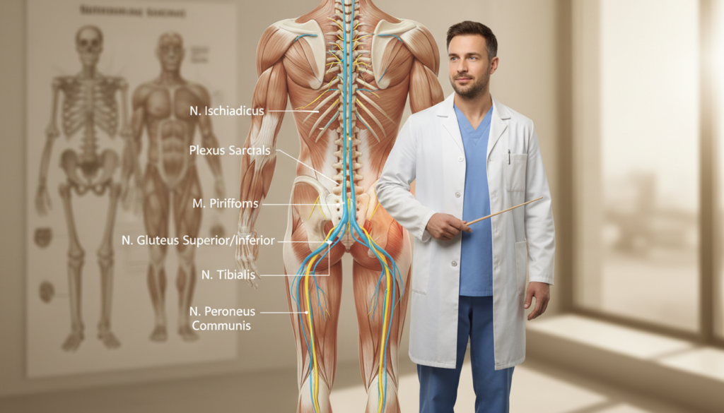 A detailed anatomical illustration depicting the Verlauf (course) of the Ischias nerve through the hip and leg, focusing on the connection between the gluteal region and the thigh. In the foreground, a clear and labeled diagram of the Ischias nerve in a slightly translucent style. In the middle ground, a professional individual, dressed in modest clothing, stands in a natural posture, pointing toward the appropriate areas of discomfort typically associated with Ischialgia. The background features a softly blurred anatomical chart that showcases the human skeletal and muscular systems, subtly infused with natural light. The scene conveys a clinical yet approachable atmosphere, suitable for educational purposes, aiming to enhance understanding of the causes and foundations of Ischialgia. A detailed anatomical illustration depicting the Verlauf (course) of the Ischias nerve through the hip and leg, focusing on the connection between the gluteal region and the thigh. In the foreground, a clear and labeled diagram of the Ischias nerve in a slightly translucent style. In the middle ground, a professional individual, dressed in modest clothing, stands in a natural posture, pointing toward the appropriate areas of discomfort typically associated with Ischialgia. The background features a softly blurred anatomical chart that showcases the human skeletal and muscular systems, subtly infused with natural light. The scene conveys a clinical yet approachable atmosphere, suitable for educational purposes, aiming to enhance understanding of the causes and foundations of Ischialgia.