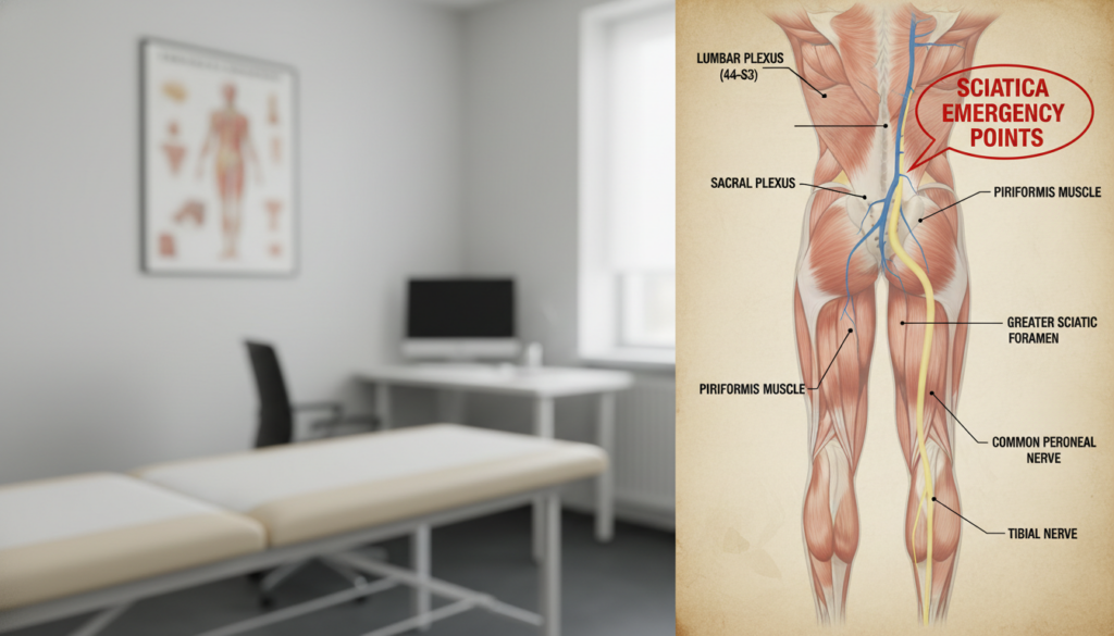 A detailed anatomical illustration of the Nervus Ischiadicus, highlighting its course through the human body. In the foreground, a clear diagram shows the nerve path with labeled sections, indicating key points like the lumbar and sacral plexus. The middle ground features a semi-transparent overlay of the human pelvis and leg, depicting muscle groups and surrounding anatomy in a naturalistic style. The background should include a soft-focus representation of a clinical setting, suggesting a doctor's office or hospital environment with subtle lighting to create a calm and professional atmosphere. The image conveys a sense of urgency balanced with clarity, aiming to educate viewers about sciatica-related emergencies, while avoiding any clinical glamorization. A detailed anatomical illustration of the Nervus Ischiadicus, highlighting its course through the human body. In the foreground, a clear diagram shows the nerve path with labeled sections, indicating key points like the lumbar and sacral plexus. The middle ground features a semi-transparent overlay of the human pelvis and leg, depicting muscle groups and surrounding anatomy in a naturalistic style. The background should include a soft-focus representation of a clinical setting, suggesting a doctor's office or hospital environment with subtle lighting to create a calm and professional atmosphere. The image conveys a sense of urgency balanced with clarity, aiming to educate viewers about sciatica-related emergencies, while avoiding any clinical glamorization.