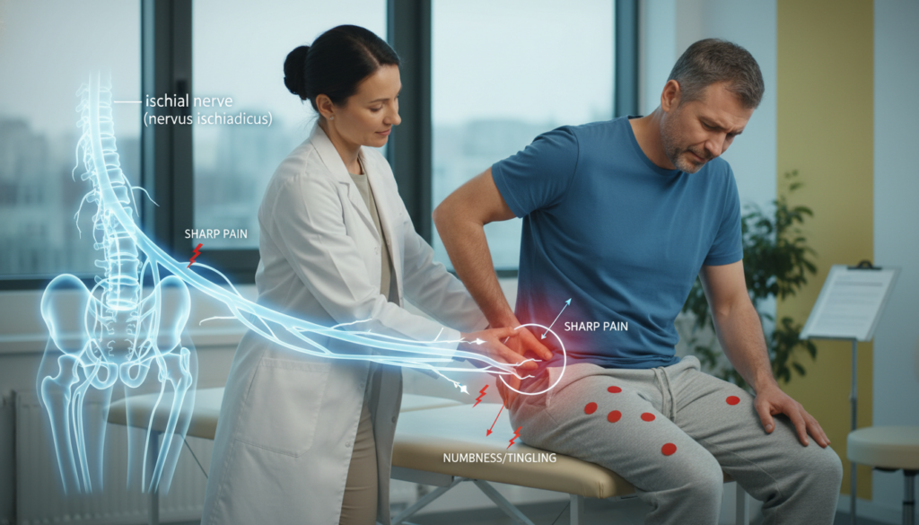 A detailed anatomical illustration of the ischias nerve pathway, showcasing its trajectory through the human body from the lower back down the leg. The foreground should feature a professional healthcare practitioner examining a patient's back and leg, both dressed in modest casual clothing, displaying pain points indicative of sciatica. In the middle ground, include a clear diagrammatic overlay of the ischias nerve with arrows indicating its course and associated symptoms like sharp pain and numbness. The background should be a soft focus depiction of a clinical setting with natural light filtering through large windows. The mood should be informative yet empathetic, creating a sense of professionalism and care in the treatment of sciatica. A detailed anatomical illustration of the ischias nerve pathway, showcasing its trajectory through the human body from the lower back down the leg. The foreground should feature a professional healthcare practitioner examining a patient's back and leg, both dressed in modest casual clothing, displaying pain points indicative of sciatica. In the middle ground, include a clear diagrammatic overlay of the ischias nerve with arrows indicating its course and associated symptoms like sharp pain and numbness. The background should be a soft focus depiction of a clinical setting with natural light filtering through large windows. The mood should be informative yet empathetic, creating a sense of professionalism and care in the treatment of sciatica.