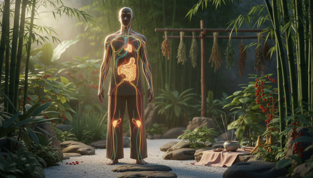 A detailed illustration of Traditional Chinese Medicine meridians, showcasing a human silhouette softly illuminated by natural light. The figure stands in a serene, garden-like environment, wearing simple, modest clothing to reflect a professional approach to health. The meridians are artistically highlighted in vibrant colors, tracing the body's energy pathways against a calming backdrop of lush greenery and gentle stones. In the background, soft-focus elements of traditional Chinese herbs and acupuncture needles create a harmonious atmosphere that evokes feelings of balance and wellness. The scene should feel realistic and grounded, embodying the essence of tradition and holistic healing, captured from a slightly elevated angle to emphasize the interconnectedness of the meridians. A detailed illustration of Traditional Chinese Medicine meridians, showcasing a human silhouette softly illuminated by natural light. The figure stands in a serene, garden-like environment, wearing simple, modest clothing to reflect a professional approach to health. The meridians are artistically highlighted in vibrant colors, tracing the body's energy pathways against a calming backdrop of lush greenery and gentle stones. In the background, soft-focus elements of traditional Chinese herbs and acupuncture needles create a harmonious atmosphere that evokes feelings of balance and wellness. The scene should feel realistic and grounded, embodying the essence of tradition and holistic healing, captured from a slightly elevated angle to emphasize the interconnectedness of the meridians.