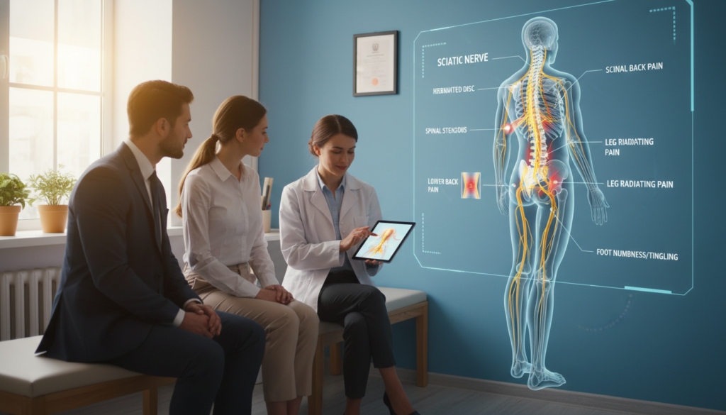 A detailed medical illustration depicting the causes and symptoms of sciatica. In the foreground, a diverse group of normal people, dressed in professional business attire, are shown in a small clinic setting, interacting with a neurologist who is explaining the anatomy of the sciatic nerve on a digital tablet. In the middle ground, highlight a detailed anatomical diagram illustrating the spinal column, sciatic nerve, and potential areas of pain. The background features a softly lit consultation room, with natural light filtering through a window, creating a warm and approachable atmosphere. Use a realistic style to emphasize everyday life, with no high-gloss or overly stylized elements, ensuring a sense of sincerity and professionalism in the depiction. A detailed medical illustration depicting the causes and symptoms of sciatica. In the foreground, a diverse group of normal people, dressed in professional business attire, are shown in a small clinic setting, interacting with a neurologist who is explaining the anatomy of the sciatic nerve on a digital tablet. In the middle ground, highlight a detailed anatomical diagram illustrating the spinal column, sciatic nerve, and potential areas of pain. The background features a softly lit consultation room, with natural light filtering through a window, creating a warm and approachable atmosphere. Use a realistic style to emphasize everyday life, with no high-gloss or overly stylized elements, ensuring a sense of sincerity and professionalism in the depiction.