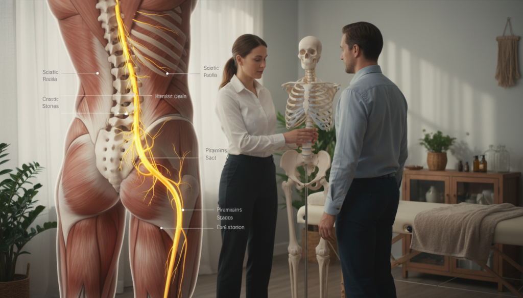 A focused depiction of the causes of sciatica pain, featuring an anatomical illustration in the foreground showcasing the human lower back, highlighted nerves, and muscles affected by sciatica. In the middle ground, a person of European descent in professional attire examines the spine, demonstrating proper posture techniques. The background should feature a calming, natural therapy room environment with soft, diffused lighting coming from a window, creating a serene atmosphere. The overall mood is educational and informative, emphasizing manual therapy techniques and the relationship between posture, lumbar health, and nerve pain. The image should evoke a sense of understanding and hope for relief, without any distractions like graphics or text. A focused depiction of the causes of sciatica pain, featuring an anatomical illustration in the foreground showcasing the human lower back, highlighted nerves, and muscles affected by sciatica. In the middle ground, a person of European descent in professional attire examines the spine, demonstrating proper posture techniques. The background should feature a calming, natural therapy room environment with soft, diffused lighting coming from a window, creating a serene atmosphere. The overall mood is educational and informative, emphasizing manual therapy techniques and the relationship between posture, lumbar health, and nerve pain. The image should evoke a sense of understanding and hope for relief, without any distractions like graphics or text.