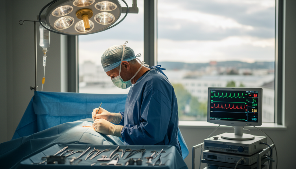 A focused hospital scene illustrating "Operation Nervenwurzel Entlastung". In the foreground, a calm, well-lit operating room with a surgeon in professional medical attire, engaged in the procedure on a patient, who is comfortably positioned on the operating table. The surgeon, a middle-aged Caucasian male, is carefully working, with a look of concentration and professionalism. In the middle ground, medical instruments are organized neatly on a sterile tray, while a monitor displays vital signs, contributing to the clinical atmosphere. In the background, a softly lit window reveals a serene city landscape outside, casting natural light into the room. The image conveys a sense of seriousness and hope, highlighting the importance of surgical intervention for people suffering from sciatica. A focused hospital scene illustrating "Operation Nervenwurzel Entlastung". In the foreground, a calm, well-lit operating room with a surgeon in professional medical attire, engaged in the procedure on a patient, who is comfortably positioned on the operating table. The surgeon, a middle-aged Caucasian male, is carefully working, with a look of concentration and professionalism. In the middle ground, medical instruments are organized neatly on a sterile tray, while a monitor displays vital signs, contributing to the clinical atmosphere. In the background, a softly lit window reveals a serene city landscape outside, casting natural light into the room. The image conveys a sense of seriousness and hope, highlighting the importance of surgical intervention for people suffering from sciatica.
