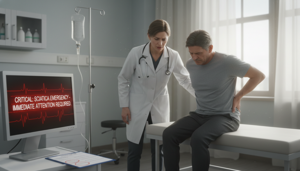 A healthcare professional in a hospital setting, wearing a lab coat and stethoscope, appears concerned while examining a patient sitting on an examination table. In the foreground, there is a clear display of emergency indicators such as a digital monitor showing red alerts, an IV stand, and a chart with highlighted symptoms. The patient, a middle-aged person dressed in casual yet modest clothing, exhibits signs of distress, clutching their lower back. In the background, there's a medical room softly lit with natural light coming through a nearby window, creating a warm yet serious atmosphere. The scene captures urgency and professional care, emphasizing the importance of quickly recognizing emergency indicators for sciatica. A healthcare professional in a hospital setting, wearing a lab coat and stethoscope, appears concerned while examining a patient sitting on an examination table. In the foreground, there is a clear display of emergency indicators such as a digital monitor showing red alerts, an IV stand, and a chart with highlighted symptoms. The patient, a middle-aged person dressed in casual yet modest clothing, exhibits signs of distress, clutching their lower back. In the background, there's a medical room softly lit with natural light coming through a nearby window, creating a warm yet serious atmosphere. The scene captures urgency and professional care, emphasizing the importance of quickly recognizing emergency indicators for sciatica.