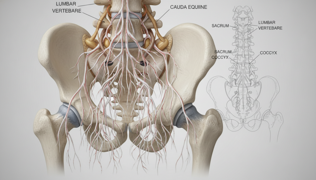 A highly detailed anatomical illustration of spinal nerve roots, emphasizing the cauda equina, in a realistic and educational style. The foreground features a close-up view of the nerve roots, showcasing their intricate branching and pathways emerging from the lower spine. In the middle ground, the spinal column is visible, with ligaments and surrounding tissues represented in a soft, natural color palette. The background includes a subtle diagram of the lumbar region, providing context but not distracting from the main focus. The lighting is soft and even, mimicking natural daylight to enhance details without harsh shadows. The overall mood is informative and clinical, appropriate for a medical educational resource. No human figures present, ensuring a clear focus on the anatomical structures. A highly detailed anatomical illustration of spinal nerve roots, emphasizing the cauda equina, in a realistic and educational style. The foreground features a close-up view of the nerve roots, showcasing their intricate branching and pathways emerging from the lower spine. In the middle ground, the spinal column is visible, with ligaments and surrounding tissues represented in a soft, natural color palette. The background includes a subtle diagram of the lumbar region, providing context but not distracting from the main focus. The lighting is soft and even, mimicking natural daylight to enhance details without harsh shadows. The overall mood is informative and clinical, appropriate for a medical educational resource. No human figures present, ensuring a clear focus on the anatomical structures.