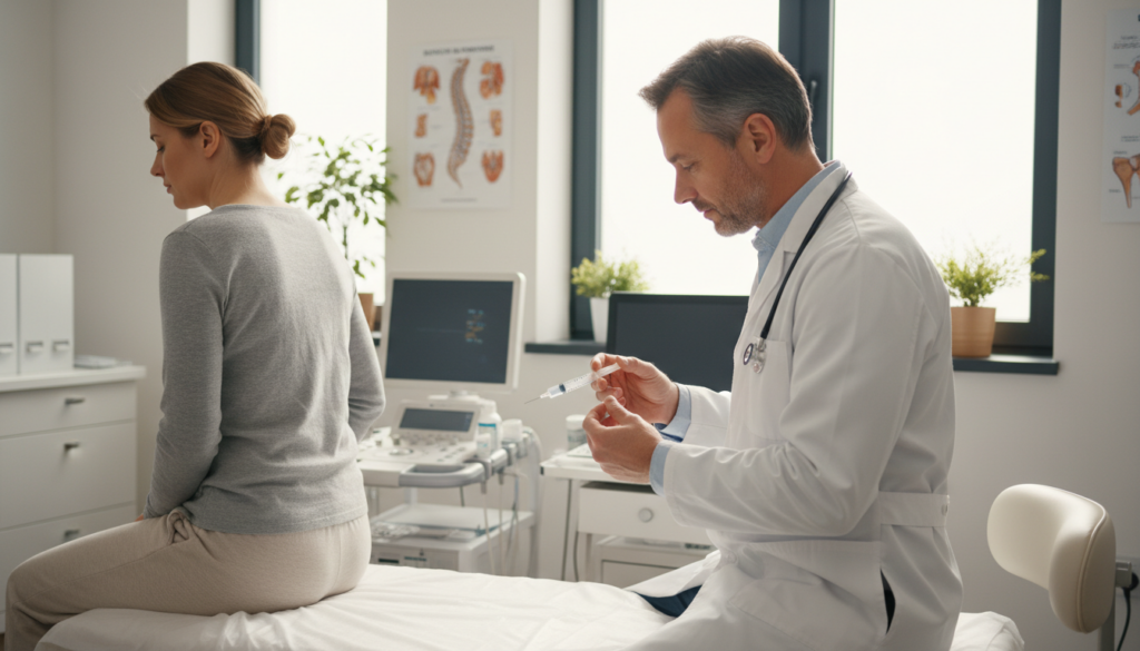 A medical professional in a modern clinic setting is administering a cortisone injection to a patient suffering from sciatica. The foreground features the doctor, a middle-aged individual in a white lab coat, showing concentration and empathy while carefully holding a syringe. The patient, a person in their 30s, is seated on an examination table, dressed in a comfortable, modest manner. In the middle ground, medical equipment and anatomical charts related to sciatica are visible, creating context. The background has soft, natural lighting streaming in through a window, casting a warm glow that enhances the calm, professional atmosphere. The composition focuses on human-centric interaction, illustrating the treatment process in a realistic, everyday medical environment. A medical professional in a modern clinic setting is administering a cortisone injection to a patient suffering from sciatica. The foreground features the doctor, a middle-aged individual in a white lab coat, showing concentration and empathy while carefully holding a syringe. The patient, a person in their 30s, is seated on an examination table, dressed in a comfortable, modest manner. In the middle ground, medical equipment and anatomical charts related to sciatica are visible, creating context. The background has soft, natural lighting streaming in through a window, casting a warm glow that enhances the calm, professional atmosphere. The composition focuses on human-centric interaction, illustrating the treatment process in a realistic, everyday medical environment.