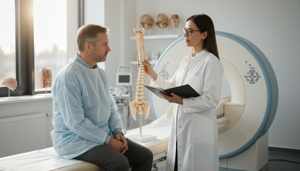 A neurologist in a well-lit, modern medical office, surrounded by diagnostic tools such as an MRI machine and anatomical models of the spine. In the foreground, a middle-aged male patient is seated on an examination table, looking concerned yet attentive as the doctor explains the diagnosis of sciatica. The neurologist, a female in a white coat, is holding a notebook and pointing to a model of the human spine, effectively illustrating the issue. The atmosphere is professional, reflecting a sense of reassurance and care. Natural daylight filters through a large window, creating a warm and inviting environment. The setting conveys a realistic, everyday medical consultation in an EU context, with no text or distractions. A neurologist in a well-lit, modern medical office, surrounded by diagnostic tools such as an MRI machine and anatomical models of the spine. In the foreground, a middle-aged male patient is seated on an examination table, looking concerned yet attentive as the doctor explains the diagnosis of sciatica. The neurologist, a female in a white coat, is holding a notebook and pointing to a model of the human spine, effectively illustrating the issue. The atmosphere is professional, reflecting a sense of reassurance and care. Natural daylight filters through a large window, creating a warm and inviting environment. The setting conveys a realistic, everyday medical consultation in an EU context, with no text or distractions.