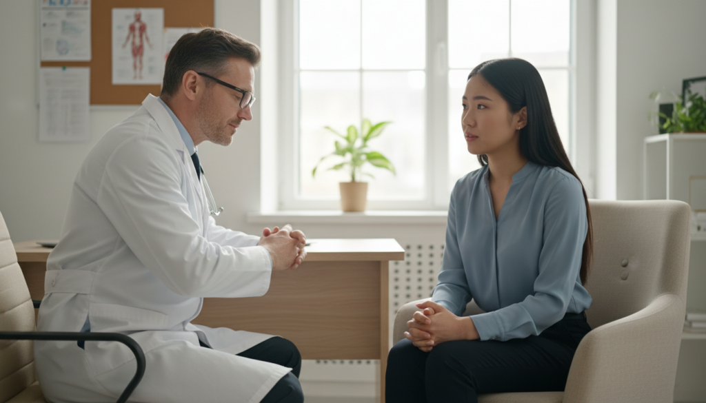 A professional doctor and a patient in a modern, well-lit consulting room, discussing health concerns related to sciatica. The doctor, a middle-aged Caucasian male in a white lab coat and glasses, is attentively listening to the patient, a young woman of Asian descent dressed in a smart, modest outfit, seated across from him. The room features medical charts on the walls, a comfortable chair, and a window that allows natural light to illuminate the space, creating a warm and inviting atmosphere. The image captures a moment of empathy and professionalism, with a focus on the facial expressions of both individuals, reflecting a serious yet supportive consultation. The scene should be rendered in a realistic style, avoiding any artificial or glossy appearance. A professional doctor and a patient in a modern, well-lit consulting room, discussing health concerns related to sciatica. The doctor, a middle-aged Caucasian male in a white lab coat and glasses, is attentively listening to the patient, a young woman of Asian descent dressed in a smart, modest outfit, seated across from him. The room features medical charts on the walls, a comfortable chair, and a window that allows natural light to illuminate the space, creating a warm and inviting atmosphere. The image captures a moment of empathy and professionalism, with a focus on the facial expressions of both individuals, reflecting a serious yet supportive consultation. The scene should be rendered in a realistic style, avoiding any artificial or glossy appearance.