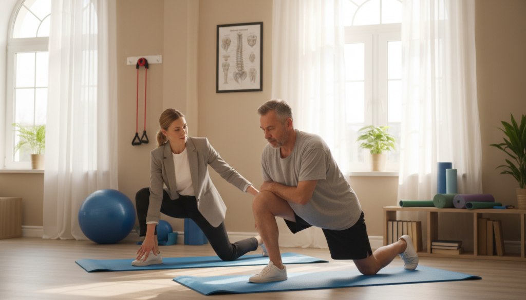 A professional physiotherapist, dressed in smart casual attire, is conducting a treatment session for a patient suffering from sciatica. In the foreground, the therapist is demonstrating a stretching exercise on an exercise mat, while the patient, a middle-aged individual in modest workout clothes, follows the instructions attentively. In the middle ground, various therapy tools like resistance bands and a stability ball are visible, creating a therapeutic environment. The background features a softly lit clinic room with natural light streaming through large windows, enhancing the atmosphere of calm and healing. The overall mood is focused and supportive, capturing the essence of effective treatment methods for sciatica inflammation. A professional physiotherapist, dressed in smart casual attire, is conducting a treatment session for a patient suffering from sciatica. In the foreground, the therapist is demonstrating a stretching exercise on an exercise mat, while the patient, a middle-aged individual in modest workout clothes, follows the instructions attentively. In the middle ground, various therapy tools like resistance bands and a stability ball are visible, creating a therapeutic environment. The background features a softly lit clinic room with natural light streaming through large windows, enhancing the atmosphere of calm and healing. The overall mood is focused and supportive, capturing the essence of effective treatment methods for sciatica inflammation.