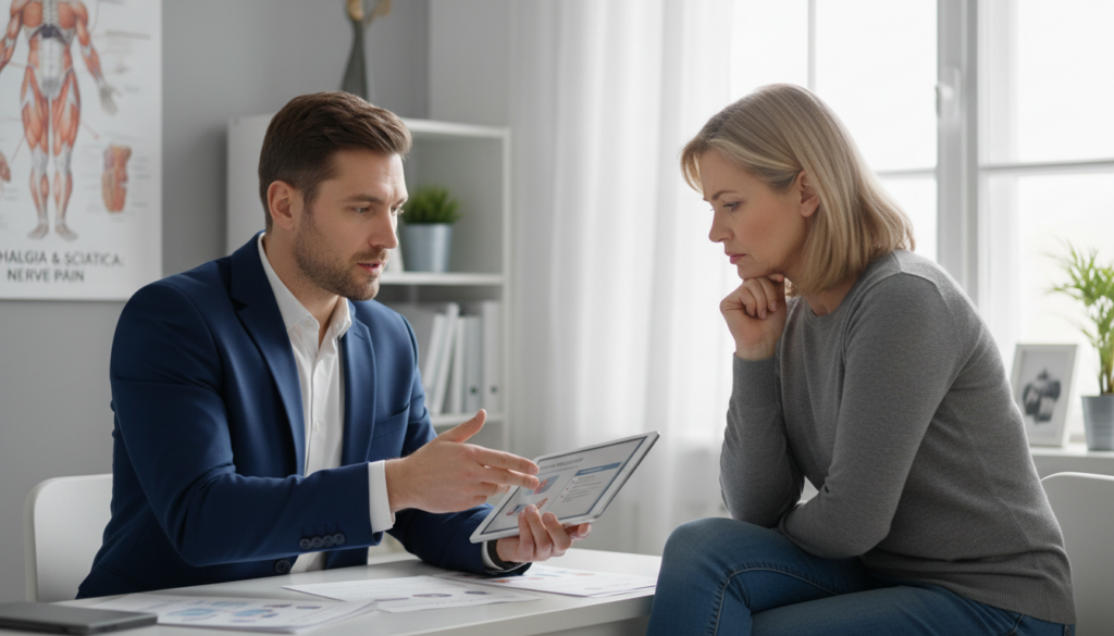 A professional, realistic setting depicting a doctor consulting with a middle-aged patient in an office environment, demonstrating the topic of medication side effects related to ischialgia. The doctor, dressed in smart business attire, is explaining potential risks associated with muscle relaxants, while the patient, casually dressed, appears engaged and slightly concerned. In the background, an anatomical chart of the human spine is visible, emphasizing the connection to sciatica. Soft, natural lighting fills the room, coming from a nearby window, creating a calm and informative atmosphere. The overall mood is serious yet supportive, focusing on patient care and education regarding the risks and side effects of medication. A professional, realistic setting depicting a doctor consulting with a middle-aged patient in an office environment, demonstrating the topic of medication side effects related to ischialgia. The doctor, dressed in smart business attire, is explaining potential risks associated with muscle relaxants, while the patient, casually dressed, appears engaged and slightly concerned. In the background, an anatomical chart of the human spine is visible, emphasizing the connection to sciatica. Soft, natural lighting fills the room, coming from a nearby window, creating a calm and informative atmosphere. The overall mood is serious yet supportive, focusing on patient care and education regarding the risks and side effects of medication.