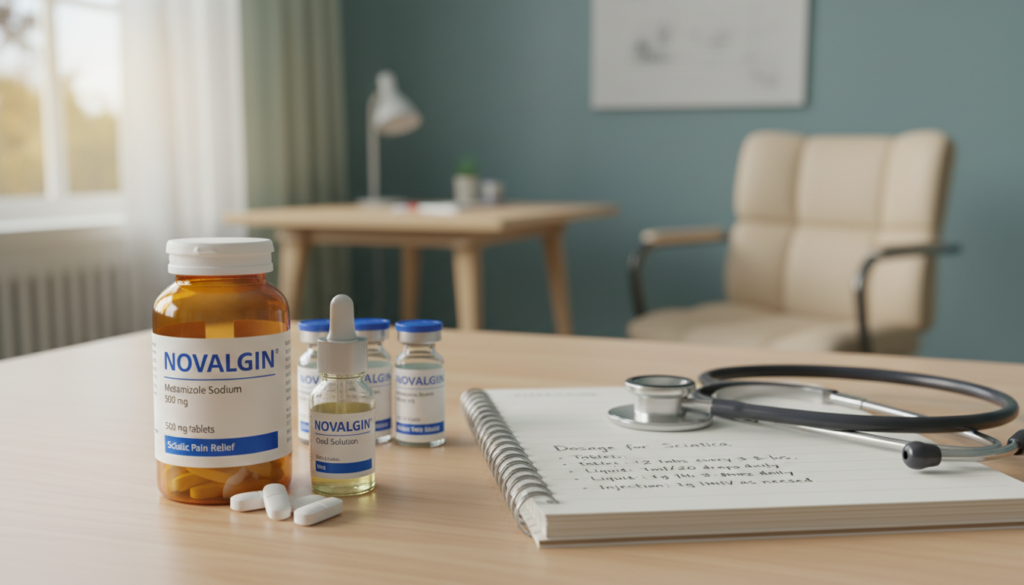 A realistic depiction of Novalgin medication forms, including tablets, liquid solution, and injection vials, arranged neatly on a wooden medical table. In the foreground, focus on a clear view of the pill bottle, showcasing its label and the various forms of the drug. In the middle ground, include a stethoscope and a notebook with dosaging notes, suggesting a doctor's practice environment. The background features a softly lit medical office with a simple wooden desk and natural light streaming through a window, creating an inviting atmosphere. The scene should convey a sense of professionalism and calm, without any people present. Ideal for an informative context, highlighting the application and dosage of Novalgin for sciatic pain relief. A realistic depiction of Novalgin medication forms, including tablets, liquid solution, and injection vials, arranged neatly on a wooden medical table. In the foreground, focus on a clear view of the pill bottle, showcasing its label and the various forms of the drug. In the middle ground, include a stethoscope and a notebook with dosaging notes, suggesting a doctor's practice environment. The background features a softly lit medical office with a simple wooden desk and natural light streaming through a window, creating an inviting atmosphere. The scene should convey a sense of professionalism and calm, without any people present. Ideal for an informative context, highlighting the application and dosage of Novalgin for sciatic pain relief.