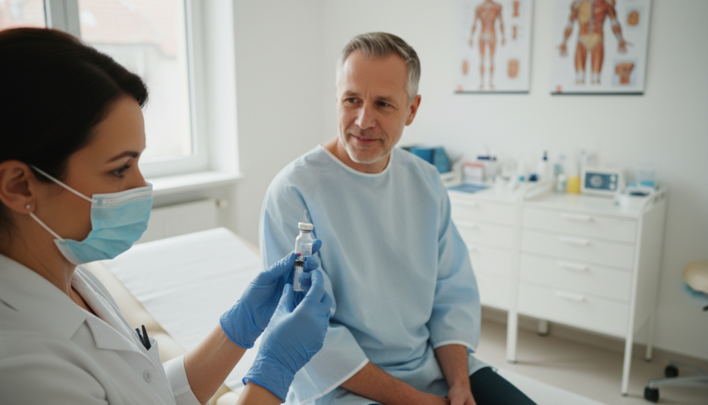 A realistic depiction of a healthcare professional administering a cortisone injection to a patient in a clinical setting. The foreground shows a doctor in professional attire, wearing gloves and a mask, focused intently on preparing the injection while maintaining a compassionate expression. The middle ground features a patient sitting comfortably on an examination table, looking reassured. In the background, soft, natural lighting illuminates a well-organized medical room with simple equipment and anatomical charts on the walls. The atmosphere is calm and serious, conveying trust and professionalism in a typical EU healthcare environment. The composition emphasizes the procedure while ensuring a clear and informative setting, without any distractions. A realistic depiction of a healthcare professional administering a cortisone injection to a patient in a clinical setting. The foreground shows a doctor in professional attire, wearing gloves and a mask, focused intently on preparing the injection while maintaining a compassionate expression. The middle ground features a patient sitting comfortably on an examination table, looking reassured. In the background, soft, natural lighting illuminates a well-organized medical room with simple equipment and anatomical charts on the walls. The atmosphere is calm and serious, conveying trust and professionalism in a typical EU healthcare environment. The composition emphasizes the procedure while ensuring a clear and informative setting, without any distractions.