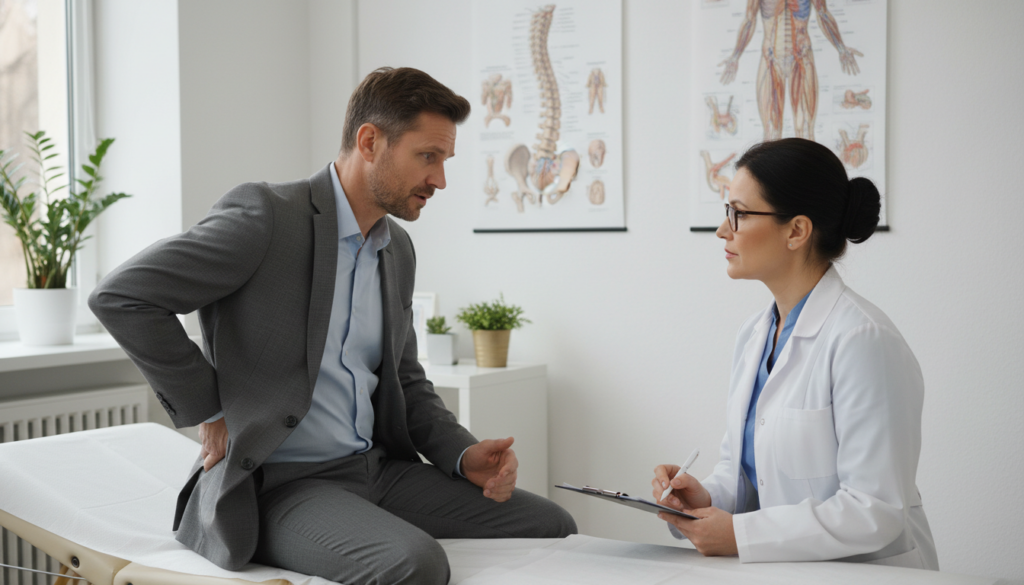A realistic depiction of a medical consultation scene focusing on the causes of sciatica nerve irritation. In the foreground, a middle-aged man in professional attire is seated on an examination table, looking concerned while speaking with a physician. The physician, a middle-aged woman wearing a white lab coat and glasses, is attentively listening and taking notes. In the middle ground, anatomical posters of the human spine and nervous system are visible on the walls, along with diagrams illustrating nerve pathways. The background features a well-lit clinic with natural light streaming through a window, creating a calm and professional atmosphere. The scene conveys a sense of empathy and expertise, highlighting the importance of understanding the causes of sciatica. A realistic depiction of a medical consultation scene focusing on the causes of sciatica nerve irritation. In the foreground, a middle-aged man in professional attire is seated on an examination table, looking concerned while speaking with a physician. The physician, a middle-aged woman wearing a white lab coat and glasses, is attentively listening and taking notes. In the middle ground, anatomical posters of the human spine and nervous system are visible on the walls, along with diagrams illustrating nerve pathways. The background features a well-lit clinic with natural light streaming through a window, creating a calm and professional atmosphere. The scene conveys a sense of empathy and expertise, highlighting the importance of understanding the causes of sciatica.
