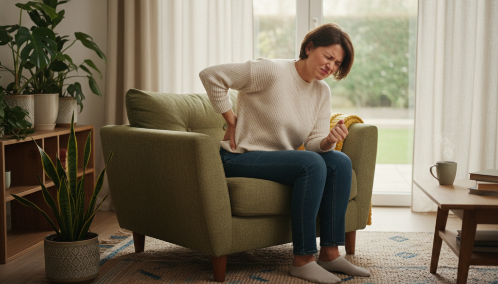 A realistic depiction of a person experiencing sciatic nerve pain, sitting on a comfortable chair in a cozy living room. In the foreground, a person dressed in modest casual clothing, holding their lower back and grimacing in discomfort. The middle frame shows a tranquil living space with soft lighting illuminating the scene, emphasizing the natural colors of the surroundings—woven fabrics, light wood furniture, and green houseplants in pots. In the background, a window allows soft, diffused natural light to enter, enhancing the calm atmosphere. The expression on the person's face conveys a mix of concern and frustration, effectively illustrating the symptoms and warning signs of sciatica without any text or distractions. A realistic depiction of a person experiencing sciatic nerve pain, sitting on a comfortable chair in a cozy living room. In the foreground, a person dressed in modest casual clothing, holding their lower back and grimacing in discomfort. The middle frame shows a tranquil living space with soft lighting illuminating the scene, emphasizing the natural colors of the surroundings—woven fabrics, light wood furniture, and green houseplants in pots. In the background, a window allows soft, diffused natural light to enter, enhancing the calm atmosphere. The expression on the person's face conveys a mix of concern and frustration, effectively illustrating the symptoms and warning signs of sciatica without any text or distractions.