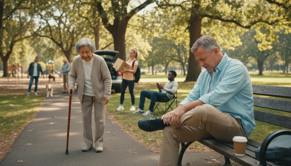 A realistic depiction of the causes of sciatic nerve irritation, featuring a diverse group of individuals in a natural setting, showcasing everyday life. In the foreground, a middle-aged man, dressed in casual office attire, is stretching while sitting on a park bench, displaying signs of discomfort in his lower back. In the middle ground, an elderly woman with a cane walks slowly, emphasizing mobility issues that may relate to sciatica. The background features a serene park with soft, natural lighting filtering through trees, creating a calm atmosphere. The overall mood is informative and relatable, conveying the challenges of sciatica in daily life without any clinical or harsh elements. A realistic depiction of the causes of sciatic nerve irritation, featuring a diverse group of individuals in a natural setting, showcasing everyday life. In the foreground, a middle-aged man, dressed in casual office attire, is stretching while sitting on a park bench, displaying signs of discomfort in his lower back. In the middle ground, an elderly woman with a cane walks slowly, emphasizing mobility issues that may relate to sciatica. The background features a serene park with soft, natural lighting filtering through trees, creating a calm atmosphere. The overall mood is informative and relatable, conveying the challenges of sciatica in daily life without any clinical or harsh elements.