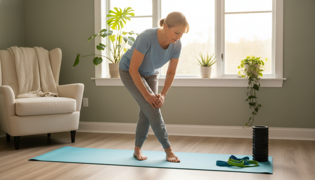A realistic indoor setting depicting a person demonstrating exercises for sciatica pain relief. In the foreground, a middle-aged individual in modest casual clothing is performing a gentle stretch on a yoga mat, showcasing clear instructions for relief from discomfort. The middle ground features a few exercise props like a foam roller and resistance bands, enhancing the practical aspect of the scene. The background includes a softly lit room with natural light streaming through a window, highlighting a few potted plants and a comfortable chair to create a calm atmosphere. The overall mood is one of tranquility and hope, emphasizing an accessible and supportive approach to managing acute pain. A realistic indoor setting depicting a person demonstrating exercises for sciatica pain relief. In the foreground, a middle-aged individual in modest casual clothing is performing a gentle stretch on a yoga mat, showcasing clear instructions for relief from discomfort. The middle ground features a few exercise props like a foam roller and resistance bands, enhancing the practical aspect of the scene. The background includes a softly lit room with natural light streaming through a window, highlighting a few potted plants and a comfortable chair to create a calm atmosphere. The overall mood is one of tranquility and hope, emphasizing an accessible and supportive approach to managing acute pain.