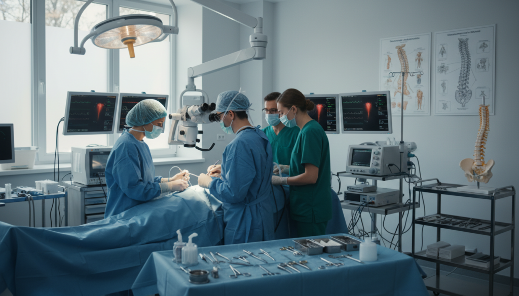 A realistic medical setting depicting a surgical room where an operative procedure for treating Ischias is underway. In the foreground, a team of diverse medical professionals in professional attire, including a surgeon, nurses, and an anesthesiologist, are actively engaged in the operation. The middle ground showcases the patient, lying on the operating table, surrounded by advanced surgical equipment and monitors displaying vital signs, all under natural light streaming in through windows. The background features a sterile environment with essential medical tools, illustrations of spine anatomy, and anatomical models, conveying a focus on the treatment of chronic pain. The mood is serious yet hopeful, emphasizing the professional dedication to patient care and recovery. A realistic medical setting depicting a surgical room where an operative procedure for treating Ischias is underway. In the foreground, a team of diverse medical professionals in professional attire, including a surgeon, nurses, and an anesthesiologist, are actively engaged in the operation. The middle ground showcases the patient, lying on the operating table, surrounded by advanced surgical equipment and monitors displaying vital signs, all under natural light streaming in through windows. The background features a sterile environment with essential medical tools, illustrations of spine anatomy, and anatomical models, conveying a focus on the treatment of chronic pain. The mood is serious yet hopeful, emphasizing the professional dedication to patient care and recovery.