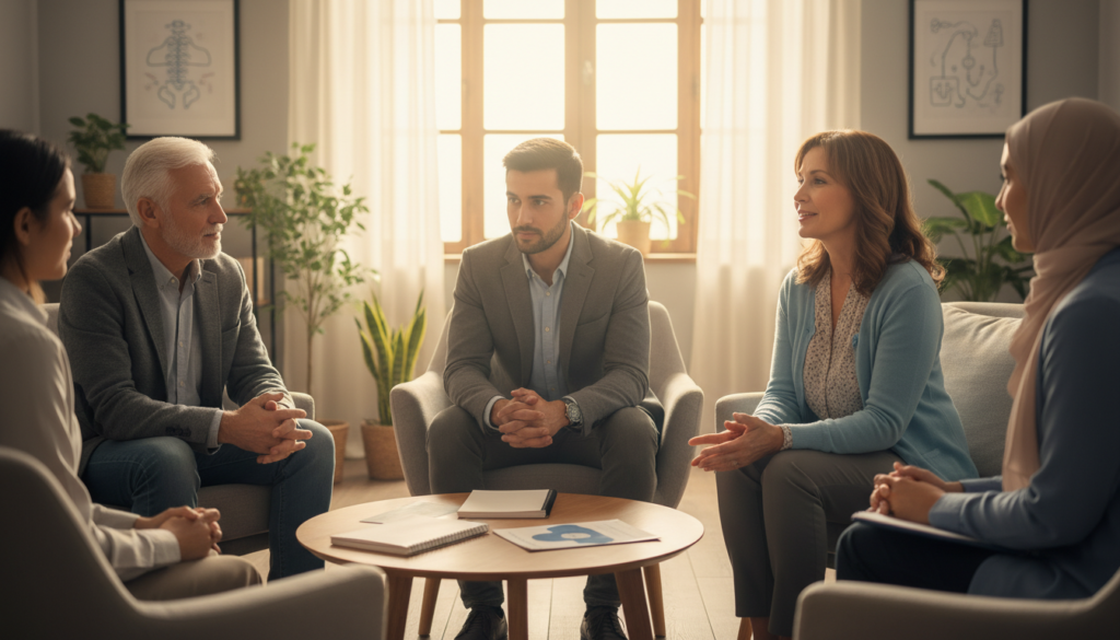 A realistic scene depicting a diverse group of patients engaged in discussions about their experiences with sciatica treatment, specifically focusing on cortisone injections. In the foreground, a middle-aged woman in modest casual clothing shares her story, her facial expression conveying hope and relief. Beside her, a young man listens attentively, dressed in smart casual attire, nodding in understanding. The middle ground features a comfortable clinical setting, with subtle elements like medical charts and a soft couch to enhance the atmosphere. In the background, warm natural light filters through a window, illuminating the space and creating a calm, inviting mood. The overall scene captures a sense of community and support among individuals navigating their health challenges together. A realistic scene depicting a diverse group of patients engaged in discussions about their experiences with sciatica treatment, specifically focusing on cortisone injections. In the foreground, a middle-aged woman in modest casual clothing shares her story, her facial expression conveying hope and relief. Beside her, a young man listens attentively, dressed in smart casual attire, nodding in understanding. The middle ground features a comfortable clinical setting, with subtle elements like medical charts and a soft couch to enhance the atmosphere. In the background, warm natural light filters through a window, illuminating the space and creating a calm, inviting mood. The overall scene captures a sense of community and support among individuals navigating their health challenges together.