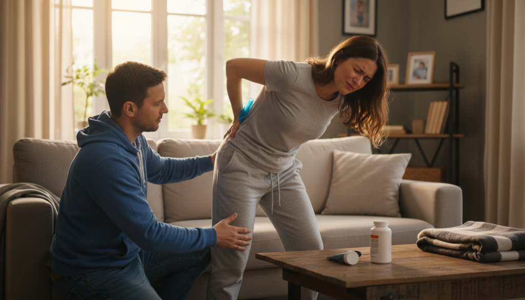 A realistic scene depicting a person experiencing acute sciatica pain in a home setting. In the foreground, show a worried individual in modest casual attire, seated on a sofa, holding their lower back with a pained expression. Beside them, a supportive friend, also in casual clothing, is providing assistance, demonstrating a specific first aid technique, like a gentle stretch or applying a cold pack. The middle ground features a small coffee table with pain relief medications and a soft, comforting blanket. In the background, warm, natural light enters through a window, enhancing the everyday atmosphere. The overall mood is one of concern but also hope, illustrating the immediate actions one can take during a sciatica emergency. A realistic scene depicting a person experiencing acute sciatica pain in a home setting. In the foreground, show a worried individual in modest casual attire, seated on a sofa, holding their lower back with a pained expression. Beside them, a supportive friend, also in casual clothing, is providing assistance, demonstrating a specific first aid technique, like a gentle stretch or applying a cold pack. The middle ground features a small coffee table with pain relief medications and a soft, comforting blanket. In the background, warm, natural light enters through a window, enhancing the everyday atmosphere. The overall mood is one of concern but also hope, illustrating the immediate actions one can take during a sciatica emergency.