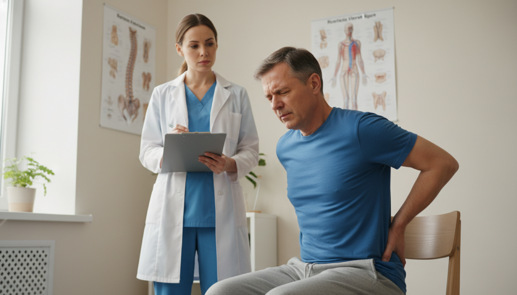 A realistic scene depicting a person experiencing discomfort associated with the sciatic nerve. In the foreground, a middle-aged individual, dressed in modest casual clothing, is sitting on a chair, holding their lower back with a pained expression. The middle ground features a physical therapist or healthcare professional attentively observing the individual and taking notes. In the background, a softly lit clinical office space is visible, with medical diagrams of the human spine and nerves on the walls, and natural light filtering in through a window. The atmosphere is serious yet compassionate, conveying the importance of recognizing critical warning signals related to sciatica. The angle captures the interaction, focusing on the expressions and the supportive environment. A realistic scene depicting a person experiencing discomfort associated with the sciatic nerve. In the foreground, a middle-aged individual, dressed in modest casual clothing, is sitting on a chair, holding their lower back with a pained expression. The middle ground features a physical therapist or healthcare professional attentively observing the individual and taking notes. In the background, a softly lit clinical office space is visible, with medical diagrams of the human spine and nerves on the walls, and natural light filtering in through a window. The atmosphere is serious yet compassionate, conveying the importance of recognizing critical warning signals related to sciatica. The angle captures the interaction, focusing on the expressions and the supportive environment.