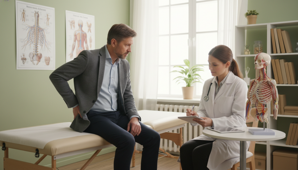 A realistic scene depicting a professional consultation in a cozy clinic, illustrating self-assessment of sciatica pain. In the foreground, a middle-aged person dressed in smart casual attire is seated on an examination table, looking concerned while discussing symptoms with a physician, who is attentively taking notes. In the middle ground, an anatomical chart of the spine and a model of the nervous system are visible on the walls, enhancing the clinical environment. The background shows warm, natural light filtering through a window, creating a comforting atmosphere. The composition should convey a sense of urgency and professionalism, emphasizing the importance of recognizing sciatica symptoms and the need for prompt action. The focus is on the individuals and the details of the setting, avoiding any unnecessary distractions. A realistic scene depicting a professional consultation in a cozy clinic, illustrating self-assessment of sciatica pain. In the foreground, a middle-aged person dressed in smart casual attire is seated on an examination table, looking concerned while discussing symptoms with a physician, who is attentively taking notes. In the middle ground, an anatomical chart of the spine and a model of the nervous system are visible on the walls, enhancing the clinical environment. The background shows warm, natural light filtering through a window, creating a comforting atmosphere. The composition should convey a sense of urgency and professionalism, emphasizing the importance of recognizing sciatica symptoms and the need for prompt action. The focus is on the individuals and the details of the setting, avoiding any unnecessary distractions.