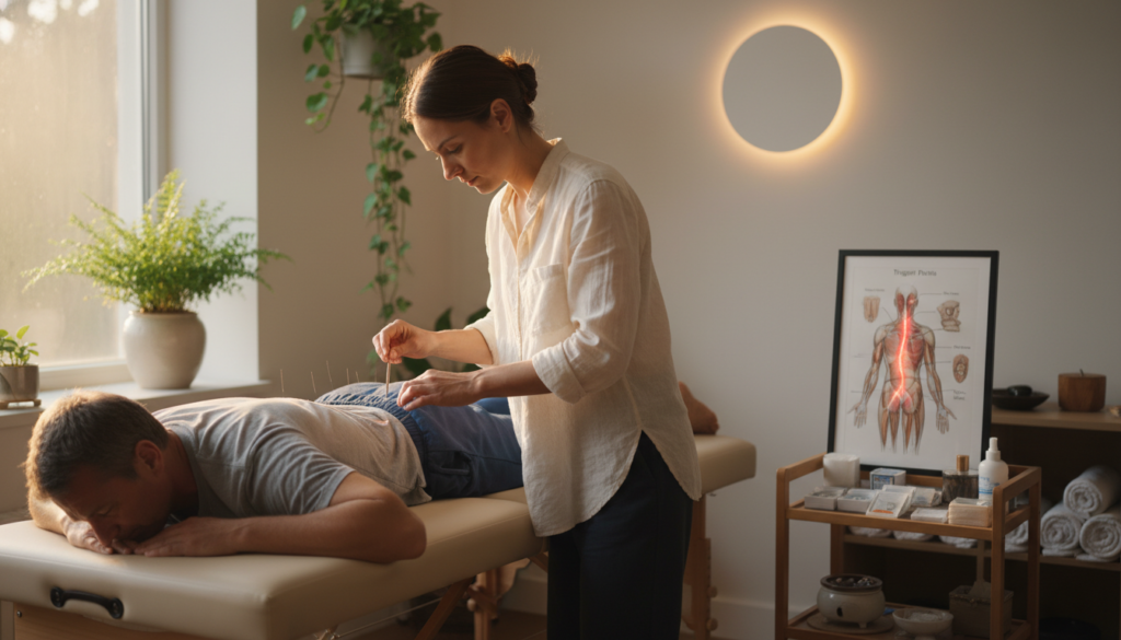 A serene acupuncture treatment room featuring a practitioner applying trigger point acupuncture techniques to a patient experiencing sciatic pain. In the foreground, a focused therapist in smart casual attire uses a needle, with the patient, dressed in comfortable, modest clothing, lying relaxed on a treatment table. In the middle ground, a detailed view of acupuncture needles and an anatomical chart of the human body, emphasizing the sciatic nerve, showcases the context of the therapy. The background reveals calming elements such as soft lighting and indoor plants that create a healing atmosphere. The scene is illuminated by natural light streaming through a window, conveying a professional yet welcoming mood, capturing the essence of practical therapy approaches in acupuncture. A serene acupuncture treatment room featuring a practitioner applying trigger point acupuncture techniques to a patient experiencing sciatic pain. In the foreground, a focused therapist in smart casual attire uses a needle, with the patient, dressed in comfortable, modest clothing, lying relaxed on a treatment table. In the middle ground, a detailed view of acupuncture needles and an anatomical chart of the human body, emphasizing the sciatic nerve, showcases the context of the therapy. The background reveals calming elements such as soft lighting and indoor plants that create a healing atmosphere. The scene is illuminated by natural light streaming through a window, conveying a professional yet welcoming mood, capturing the essence of practical therapy approaches in acupuncture.