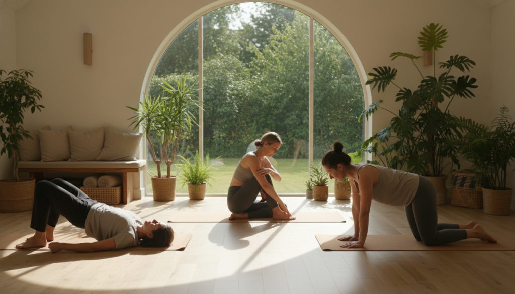 A serene and natural indoor setting focusing on exercises for the lower back and pelvis. In the foreground, a diverse group of three individuals in modest athletic wear demonstrating gentle stretching and strengthening movements on yoga mats. Their expressions are focused and calm, embodying concentration and mindfulness. The middle ground shows soft, natural lighting filtering through a large window, casting gentle shadows on the wooden floor. The background features potted plants and a minimalistic, cozy decor, creating an inviting atmosphere. The scene captures a sense of tranquility and health, emphasizing physical awareness and movement in everyday life, evoking the principles of Feldenkrais. A serene and natural indoor setting focusing on exercises for the lower back and pelvis. In the foreground, a diverse group of three individuals in modest athletic wear demonstrating gentle stretching and strengthening movements on yoga mats. Their expressions are focused and calm, embodying concentration and mindfulness. The middle ground shows soft, natural lighting filtering through a large window, casting gentle shadows on the wooden floor. The background features potted plants and a minimalistic, cozy decor, creating an inviting atmosphere. The scene captures a sense of tranquility and health, emphasizing physical awareness and movement in everyday life, evoking the principles of Feldenkrais.