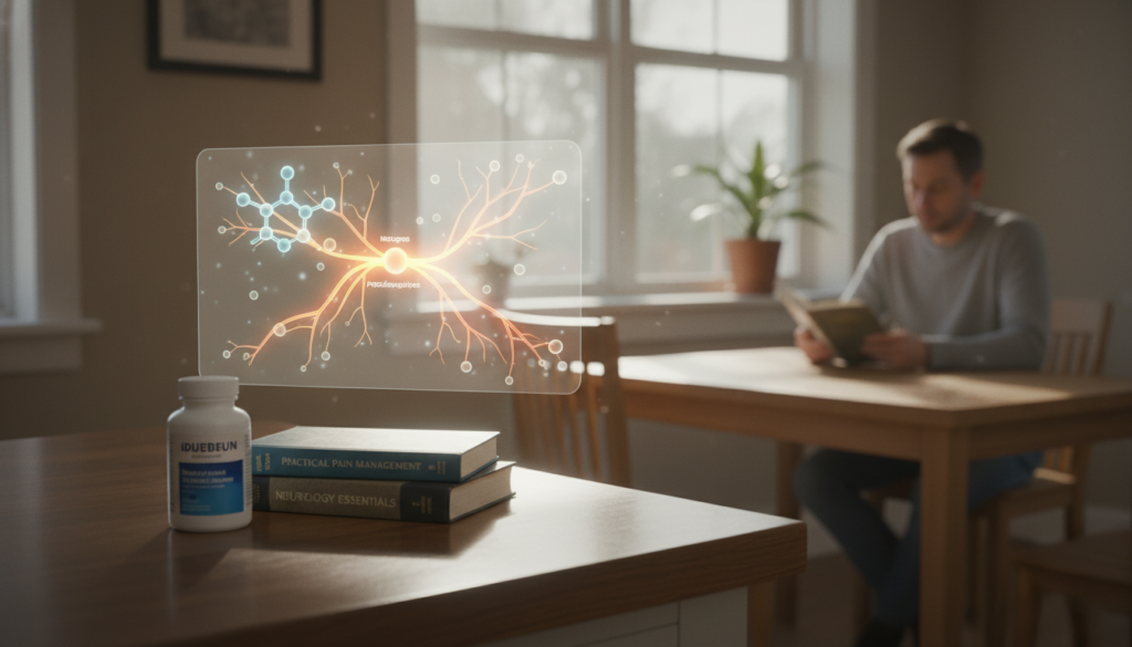 A serene, comforting scene illustrating the mechanism of action of ibuprofen in treating nerve pain. In the foreground, a bottle of ibuprofen sits on a clean kitchen counter next to a small stack of textbooks on pain management, emphasizing a practical, everyday setting. In the middle, a diagram showing the molecular structure of ibuprofen, accompanied by visual representations of nerve pathways, highlighted in soft, warm colors. The background features a softly lit room with natural sunlight streaming through a window, creating a calm and inviting atmosphere. The image captures a holistic approach to pain relief, aiming to evoke feelings of hope and healing in a natural, everyday environment. The composition should be realistic, with normal people in modest casual clothing, embodying a relatable, down-to-earth experience. A serene, comforting scene illustrating the mechanism of action of ibuprofen in treating nerve pain. In the foreground, a bottle of ibuprofen sits on a clean kitchen counter next to a small stack of textbooks on pain management, emphasizing a practical, everyday setting. In the middle, a diagram showing the molecular structure of ibuprofen, accompanied by visual representations of nerve pathways, highlighted in soft, warm colors. The background features a softly lit room with natural sunlight streaming through a window, creating a calm and inviting atmosphere. The image captures a holistic approach to pain relief, aiming to evoke feelings of hope and healing in a natural, everyday environment. The composition should be realistic, with normal people in modest casual clothing, embodying a relatable, down-to-earth experience.