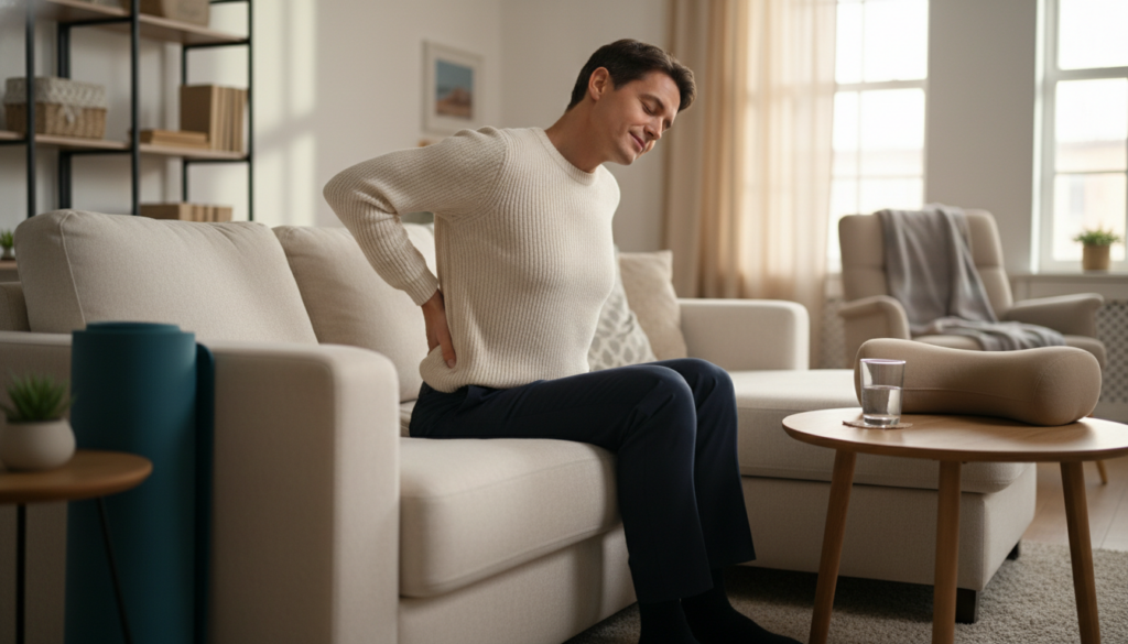 A serene home interior scene depicting a person in professional casual attire sitting comfortably on a well-lit couch, stretching their back to alleviate sciatic pain. In the foreground, a yoga mat is neatly rolled up, and a small potted plant adds a touch of nature. The middle ground features a side table with a glass of water and a soft support cushion, symbolizing everyday solutions for sciatica. The background shows a cozy living room with warm, natural light streaming in through a window, creating a calm atmosphere. The lens captures a balanced composition, emphasizing relaxation and safety for individuals dealing with sciatica in their daily life. A serene home interior scene depicting a person in professional casual attire sitting comfortably on a well-lit couch, stretching their back to alleviate sciatic pain. In the foreground, a yoga mat is neatly rolled up, and a small potted plant adds a touch of nature. The middle ground features a side table with a glass of water and a soft support cushion, symbolizing everyday solutions for sciatica. The background shows a cozy living room with warm, natural light streaming in through a window, creating a calm atmosphere. The lens captures a balanced composition, emphasizing relaxation and safety for individuals dealing with sciatica in their daily life.