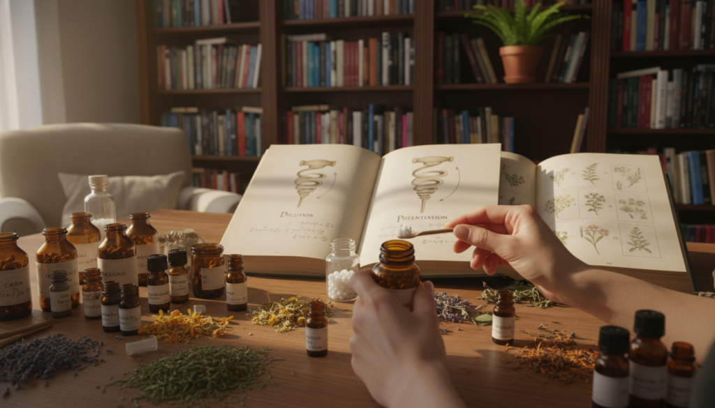 A serene homoeopathy workspace featuring a wooden table with an assortment of herbal ingredients and globuli bottles. In the foreground, a pair of hands preparing a remedy, elegantly holding a small glass vial. In the middle, there are open books on homoeopathic principles, highlighting concepts of dilution and potentiation, with natural light softly illuminating the pages. The background shows a cozy library setting with shelves filled with more books on alternative medicine, creating a warm and inviting atmosphere. The scene is captured from a slight angle, emphasizing the depth of the workspace, conveying a sense of calm and professionalism. A serene homoeopathy workspace featuring a wooden table with an assortment of herbal ingredients and globuli bottles. In the foreground, a pair of hands preparing a remedy, elegantly holding a small glass vial. In the middle, there are open books on homoeopathic principles, highlighting concepts of dilution and potentiation, with natural light softly illuminating the pages. The background shows a cozy library setting with shelves filled with more books on alternative medicine, creating a warm and inviting atmosphere. The scene is captured from a slight angle, emphasizing the depth of the workspace, conveying a sense of calm and professionalism.