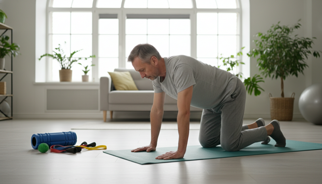 Physiotherapie ergänzt Diclofenac bei Ischias – Rückenübungen auf Yogamatte Mann macht Rückenübungen auf Yogamatte – physiotherapeutische Ergänzung zur Diclofenac-Therapie bei Ischias