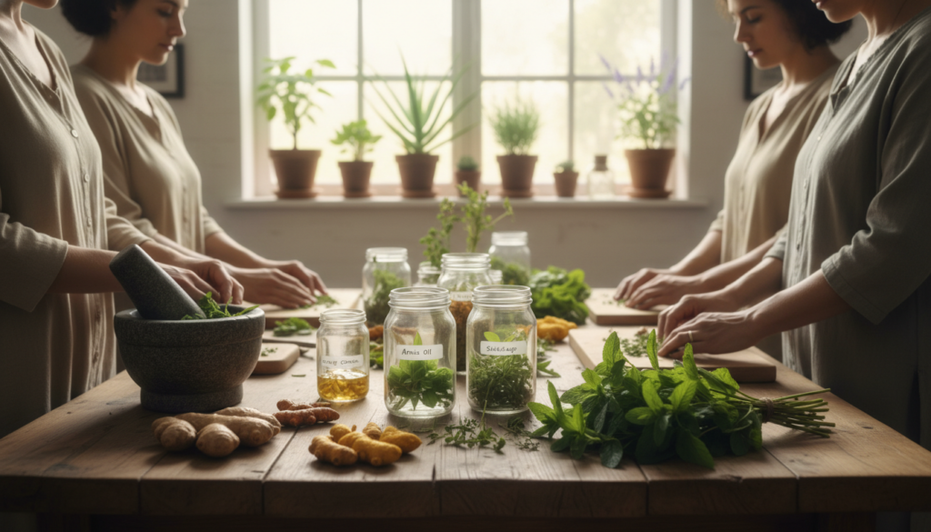 A serene kitchen scene with a diverse group of individuals in modest casual clothing, engaged in preparing natural herbs and remedies to alleviate nerve pain. In the foreground, a wooden table is adorned with fresh ginger, turmeric, and peppermint leaves. The middle ground features a well-used mortar and pestle, along with labeled jars containing herbal infusions. The background showcases a sunlit window with potted plants, creating a warm, inviting atmosphere. The natural light filters in softly, highlighting the vibrant colors of the herbs and the warmth of the wooden surfaces. The mood is calm and holistic, emphasizing a connection to nature and the use of alternative medicine in everyday life. Focused depth of field with an angle slightly above eye level enhances the details. A serene kitchen scene with a diverse group of individuals in modest casual clothing, engaged in preparing natural herbs and remedies to alleviate nerve pain. In the foreground, a wooden table is adorned with fresh ginger, turmeric, and peppermint leaves. The middle ground features a well-used mortar and pestle, along with labeled jars containing herbal infusions. The background showcases a sunlit window with potted plants, creating a warm, inviting atmosphere. The natural light filters in softly, highlighting the vibrant colors of the herbs and the warmth of the wooden surfaces. The mood is calm and holistic, emphasizing a connection to nature and the use of alternative medicine in everyday life. Focused depth of field with an angle slightly above eye level enhances the details.