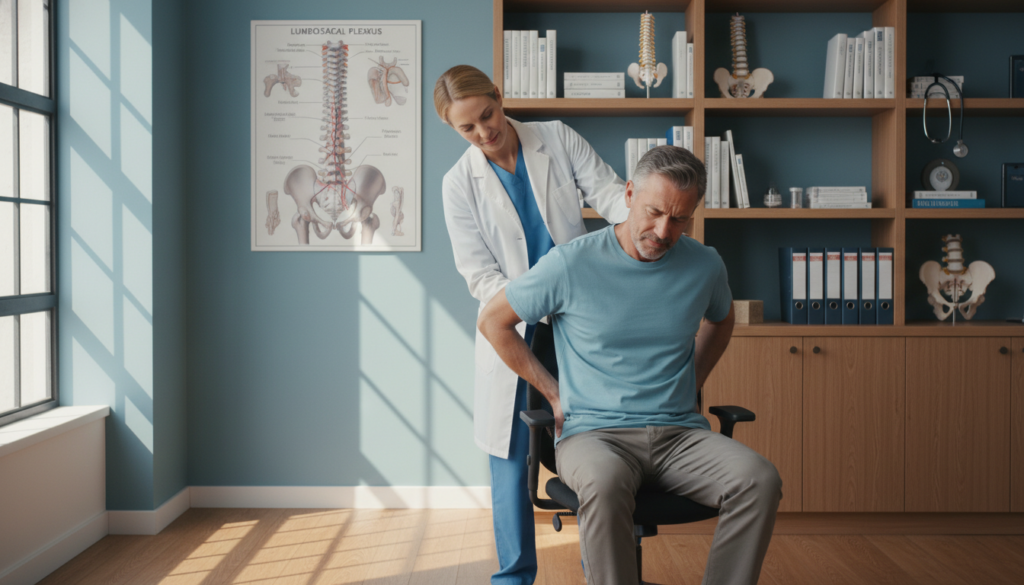 A serene medical office setting illustrating a middle-aged person experiencing sciatic pain, sitting on an ergonomic chair. The foreground features a clinician demonstrating gentle spine alignment techniques, dressed in professional attire. The clinician's focused expression conveys empathy and expertise. In the middle ground, a poster on the wall details the anatomy of the lumbar region and sciatic nerve. Natural light filters through a window, casting soft shadows, enhancing the calm atmosphere. In the background, shelves are stocked with medical texts and tools, contributing to the professional environment. The overall mood embodies a sense of hope and recovery, reflecting the importance of treatment in alleviating discomfort. A serene medical office setting illustrating a middle-aged person experiencing sciatic pain, sitting on an ergonomic chair. The foreground features a clinician demonstrating gentle spine alignment techniques, dressed in professional attire. The clinician's focused expression conveys empathy and expertise. In the middle ground, a poster on the wall details the anatomy of the lumbar region and sciatic nerve. Natural light filters through a window, casting soft shadows, enhancing the calm atmosphere. In the background, shelves are stocked with medical texts and tools, contributing to the professional environment. The overall mood embodies a sense of hope and recovery, reflecting the importance of treatment in alleviating discomfort.