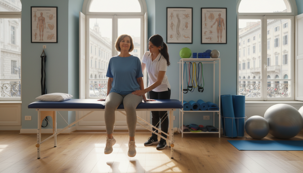 A serene physical therapy room set in a bright, naturally lit EU-setting, showcasing a middle-aged woman with mild ischias pains receiving therapy from a professional therapist. The scene captures the foreground with the therapist attentively guiding her through gentle stretching exercises. In the middle ground, an array of rehabilitation equipment such as yoga mats, exercise balls, and therapy bands are neatly organized. The background features posters on the wall illustrating proper posture and exercises for spinal health, creating an informative atmosphere. Soft shadows and warm lighting enhance the calm, supportive environment, reflecting hope and recovery. The individuals are wearing modest casual clothes, emphasizing professionalism and comfort. A serene physical therapy room set in a bright, naturally lit EU-setting, showcasing a middle-aged woman with mild ischias pains receiving therapy from a professional therapist. The scene captures the foreground with the therapist attentively guiding her through gentle stretching exercises. In the middle ground, an array of rehabilitation equipment such as yoga mats, exercise balls, and therapy bands are neatly organized. The background features posters on the wall illustrating proper posture and exercises for spinal health, creating an informative atmosphere. Soft shadows and warm lighting enhance the calm, supportive environment, reflecting hope and recovery. The individuals are wearing modest casual clothes, emphasizing professionalism and comfort.